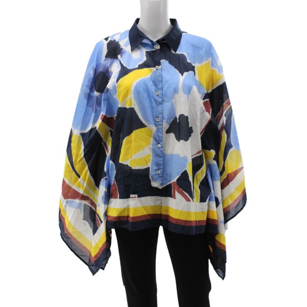 Sara Roka Women Tunic Blue Floral Cotton Collared 3/4 Sleeve Size 40